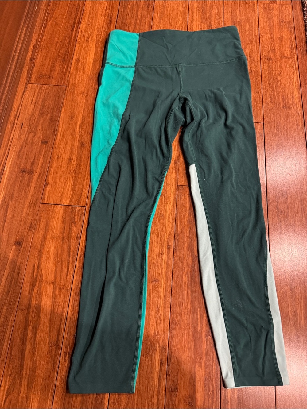 Athleta Dark Green Leggings with Teal and Light Gray Panels